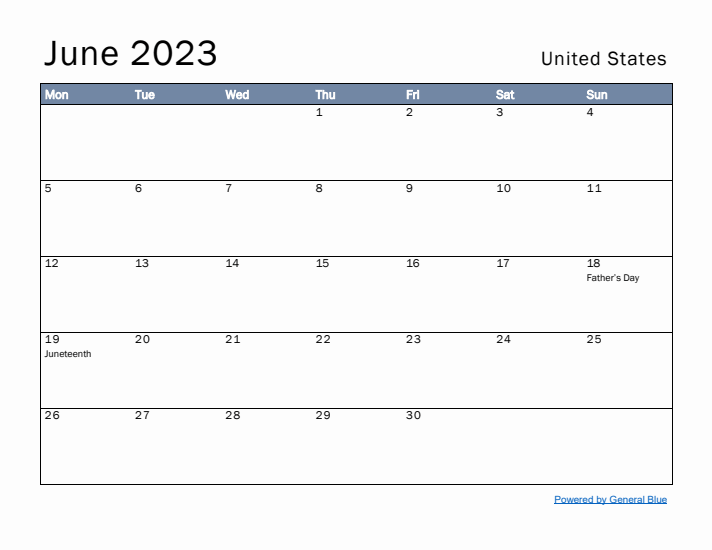 June 2023 Simple Monthly Calendar for United States