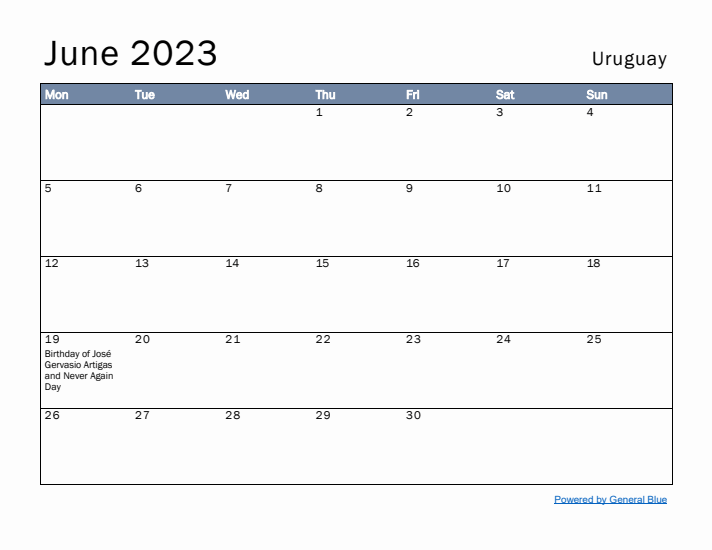 June 2023 Simple Monthly Calendar for Uruguay