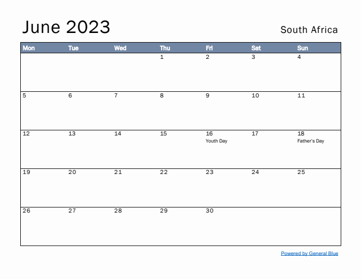 June 2023 Simple Monthly Calendar for South Africa