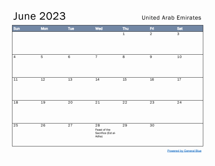 June 2023 Simple Monthly Calendar for United Arab Emirates