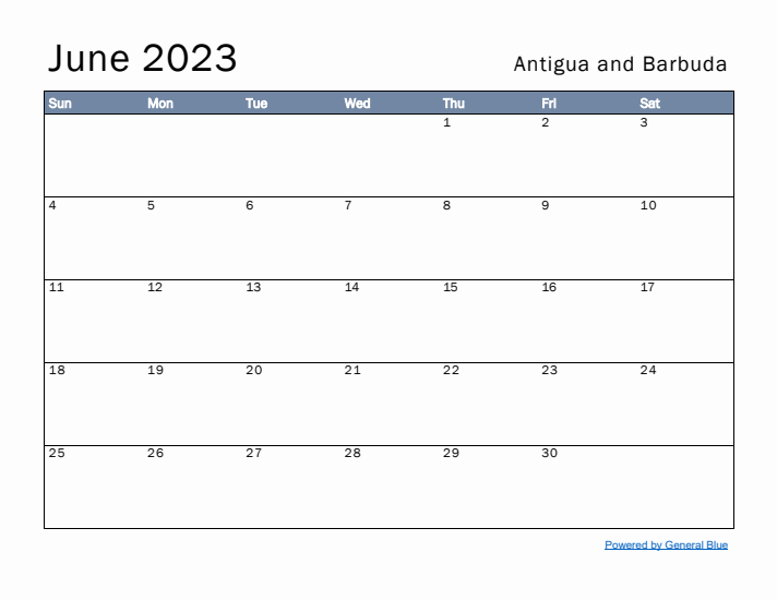 June 2023 Simple Monthly Calendar for Antigua and Barbuda