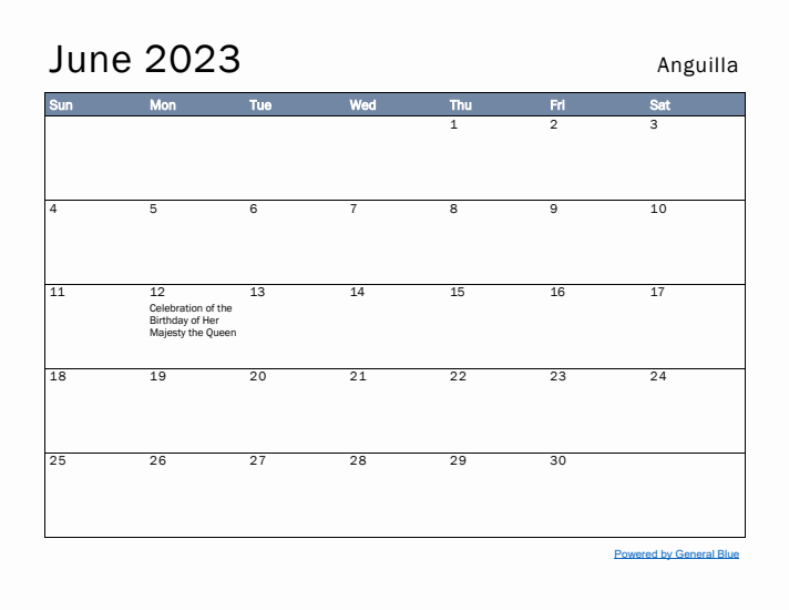 June 2023 Simple Monthly Calendar for Anguilla