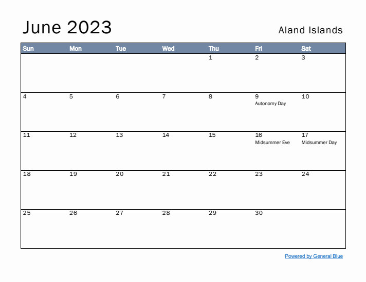 June 2023 Simple Monthly Calendar for Aland Islands