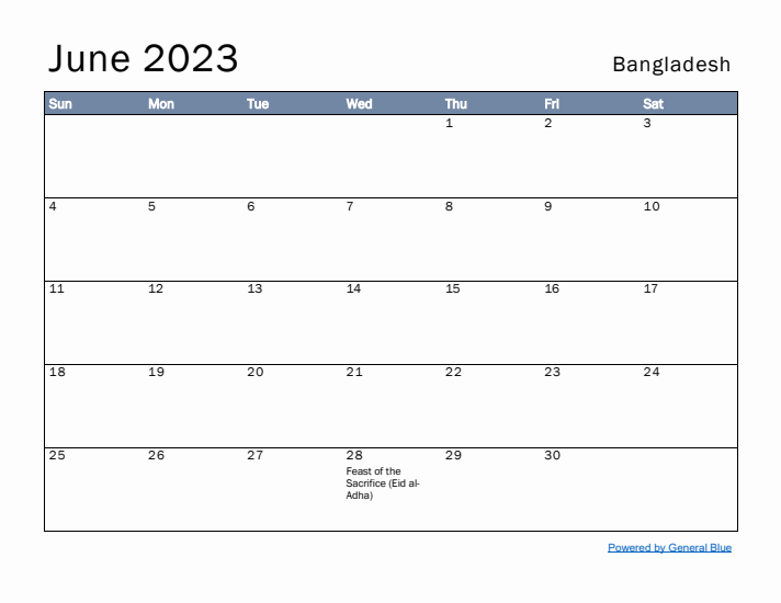 June 2023 Simple Monthly Calendar for Bangladesh