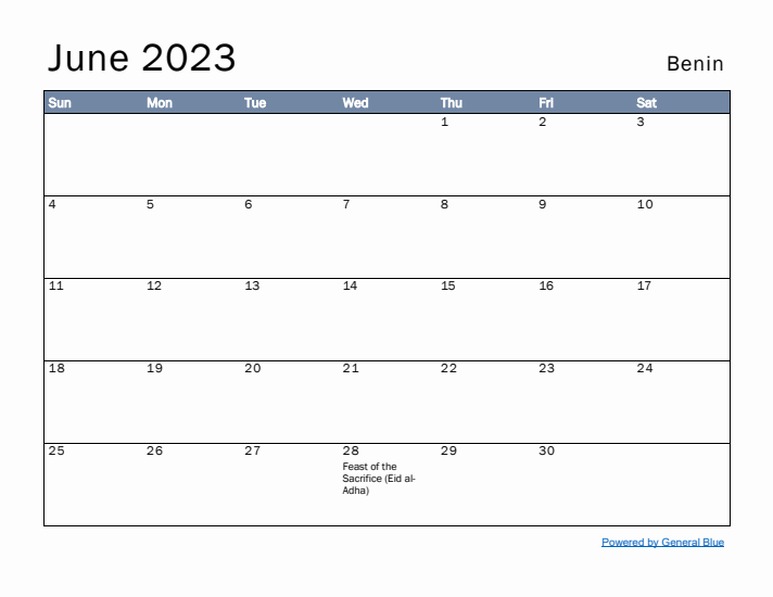 June 2023 Simple Monthly Calendar for Benin