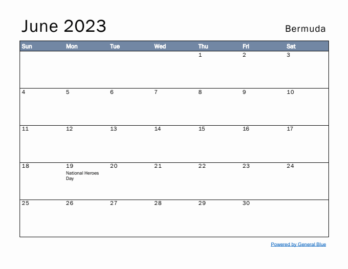 June 2023 Simple Monthly Calendar for Bermuda