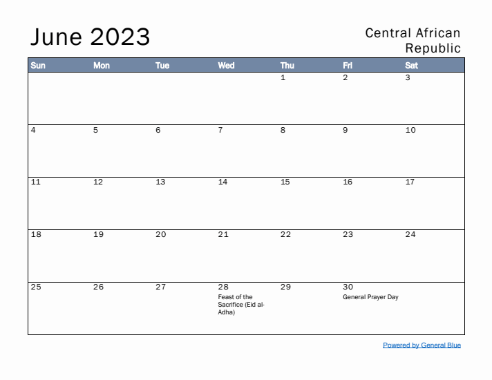 June 2023 Simple Monthly Calendar for Central African Republic