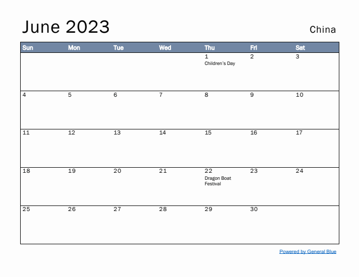 June 2023 Simple Monthly Calendar for China