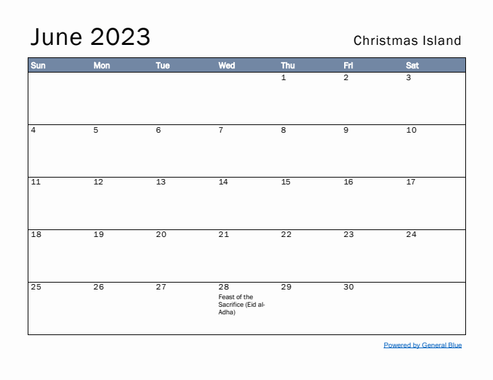 June 2023 Simple Monthly Calendar for Christmas Island