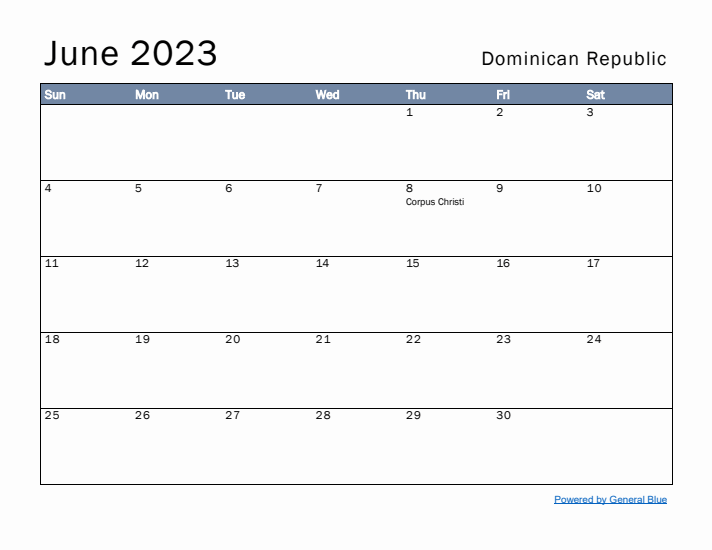 June 2023 Simple Monthly Calendar for Dominican Republic