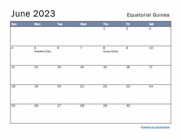 June 2023 Simple Monthly Calendar for Equatorial Guinea