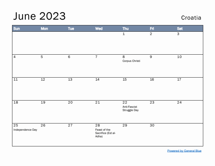 June 2023 Simple Monthly Calendar for Croatia