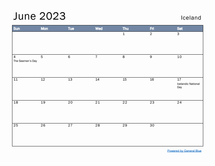 June 2023 Simple Monthly Calendar for Iceland