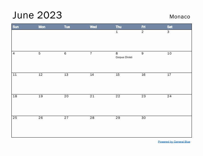 June 2023 Simple Monthly Calendar for Monaco