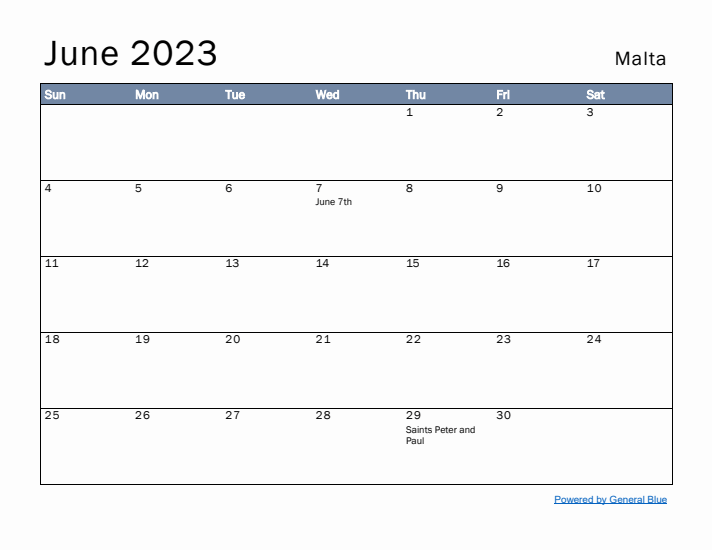 June 2023 Simple Monthly Calendar for Malta