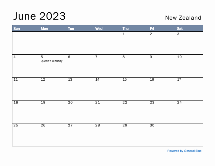 June 2023 Simple Monthly Calendar for New Zealand