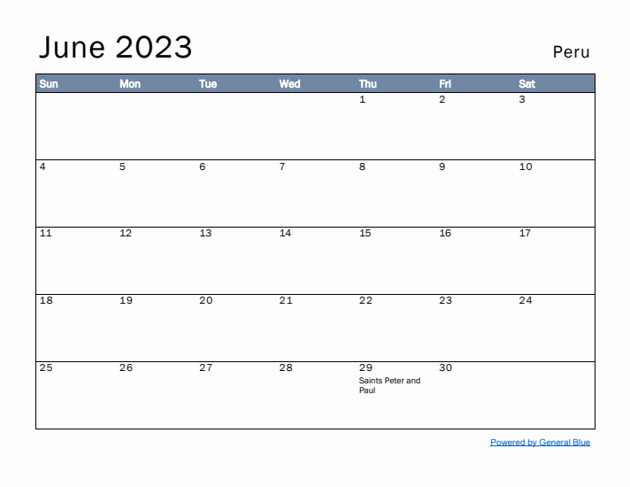 June 2023 Simple Monthly Calendar for Peru