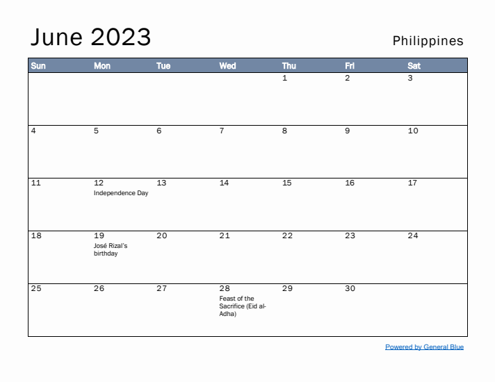 June 2023 Simple Monthly Calendar for Philippines