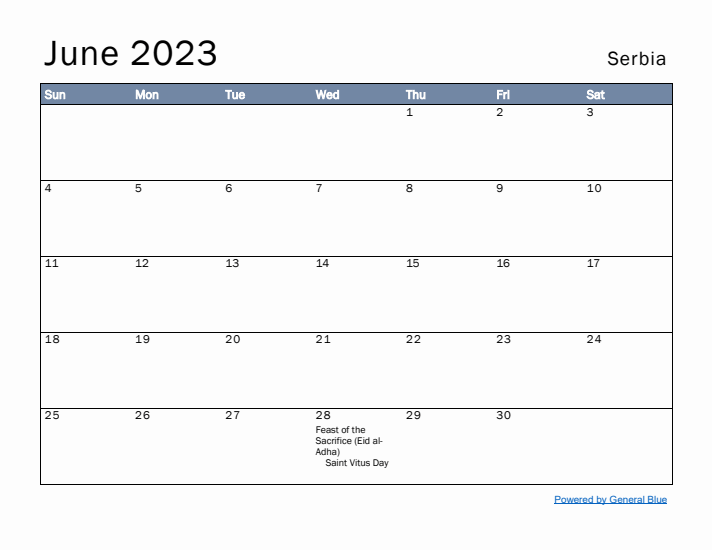 June 2023 Simple Monthly Calendar for Serbia