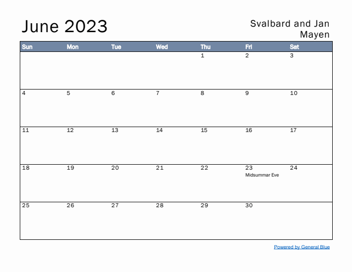 June 2023 Simple Monthly Calendar for Svalbard and Jan Mayen