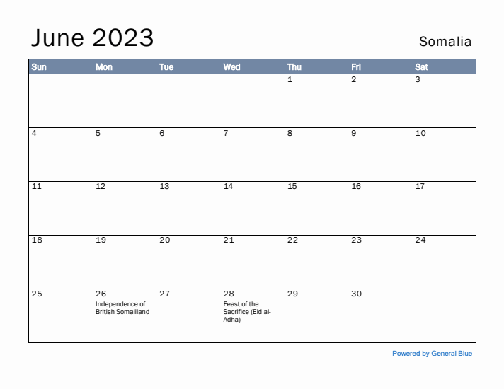 June 2023 Simple Monthly Calendar for Somalia