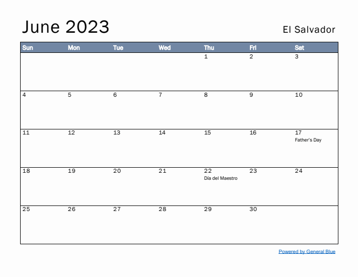 June 2023 Simple Monthly Calendar for El Salvador