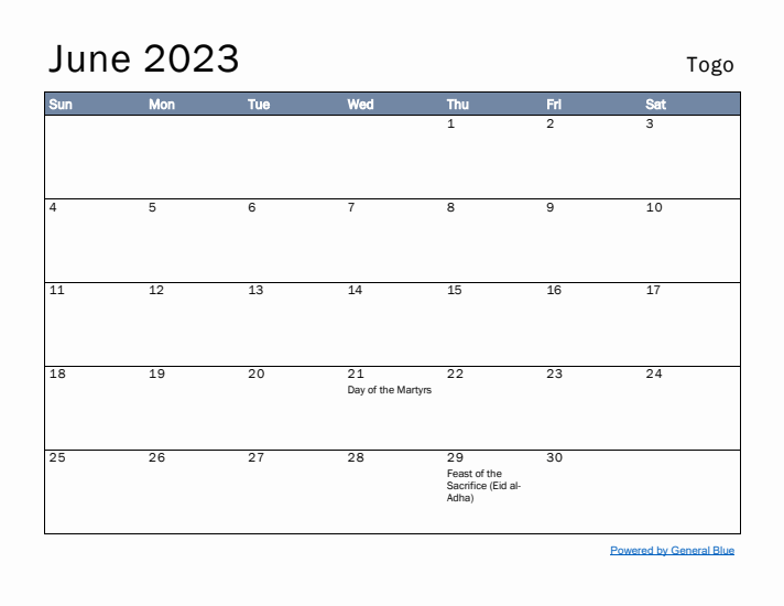 June 2023 Simple Monthly Calendar for Togo