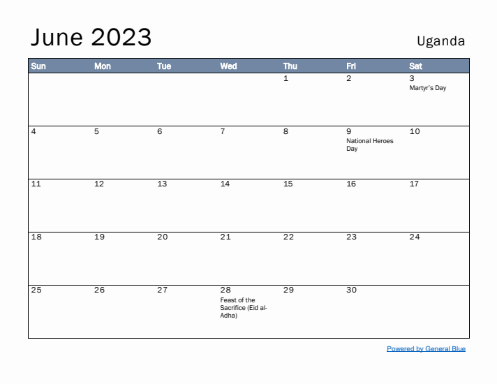 June 2023 Simple Monthly Calendar for Uganda