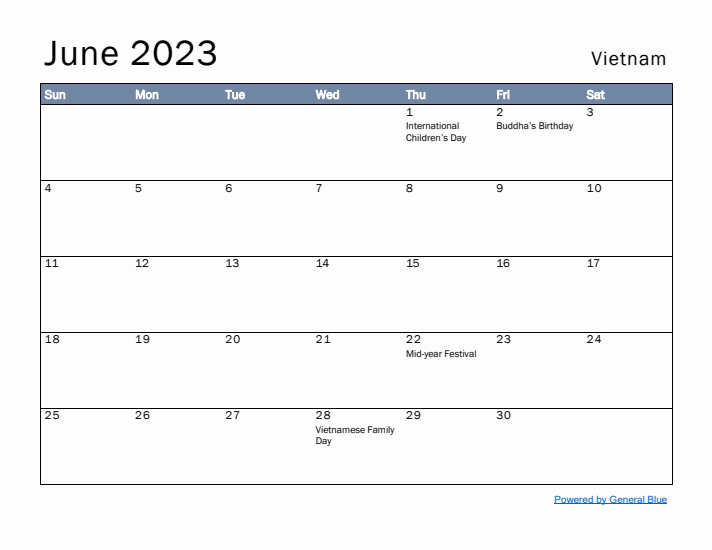 June 2023 Simple Monthly Calendar for Vietnam