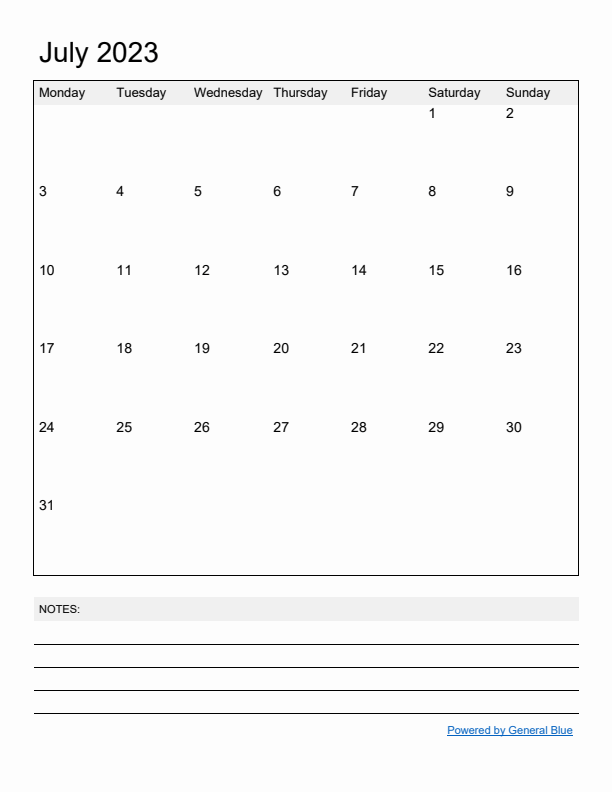 Basic Monthly Calendar Template for July 2023