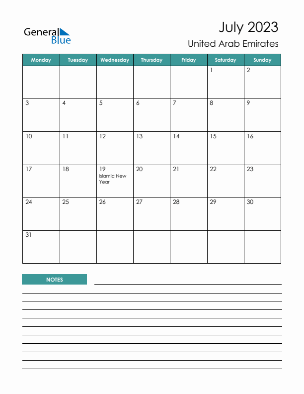 Calendar with Notes Printable - Monday Start