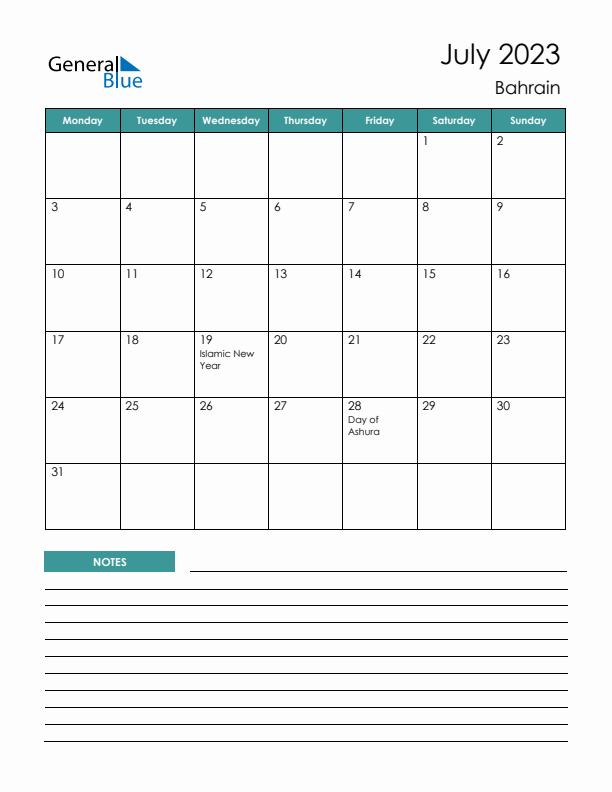 Calendar with Notes Printable - Monday Start