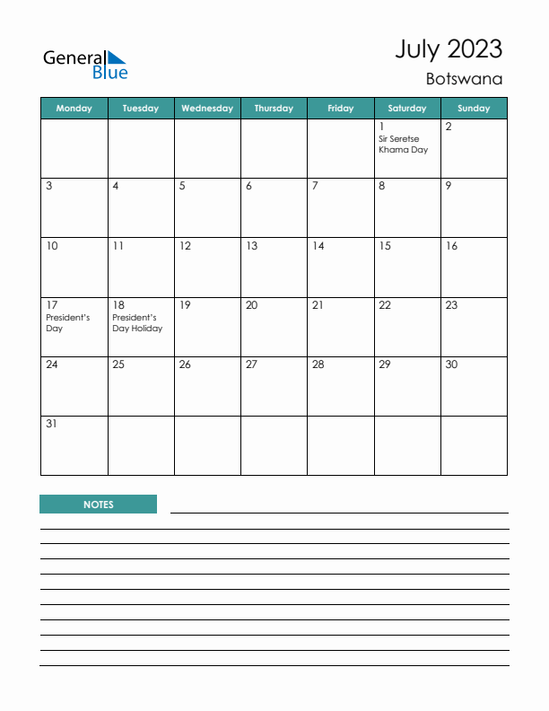 Calendar with Notes Printable - Monday Start