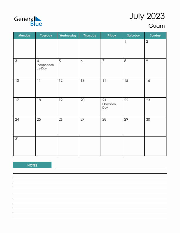 Calendar with Notes Printable - Monday Start