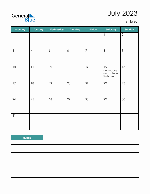 Calendar with Notes Printable - Monday Start