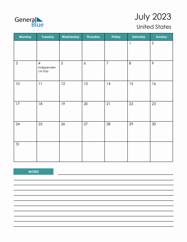 Calendar with Notes Printable - Monday Start