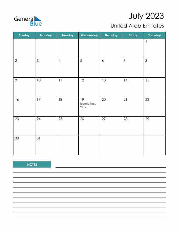 Calendar with Notes Printable - Sunday Start