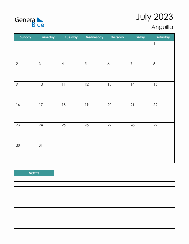 Calendar with Notes Printable - Sunday Start