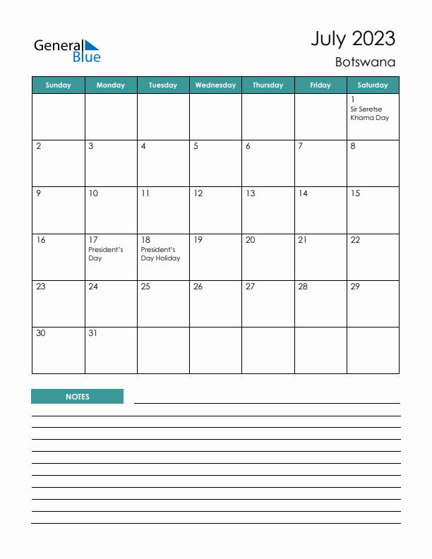 Calendar with Notes Printable - Sunday Start