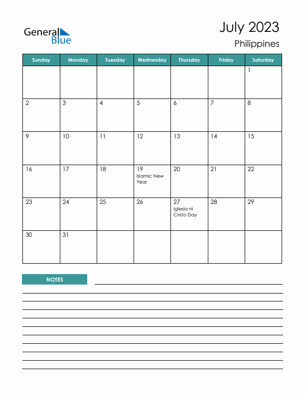 Calendar with Notes Printable - Sunday Start