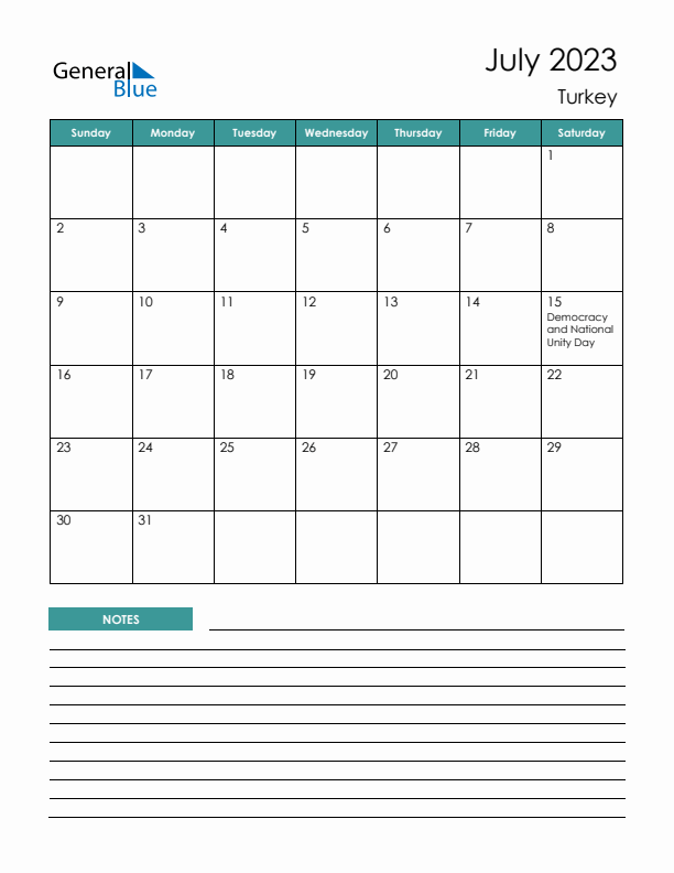 Calendar with Notes Printable - Sunday Start