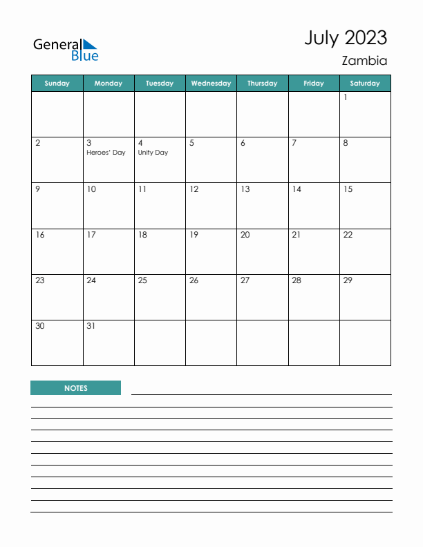 Calendar with Notes Printable - Sunday Start