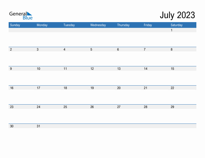 Fillable Calendar for July 2023