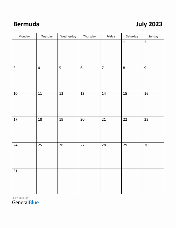 July 2023 Calendar with Bermuda Holidays