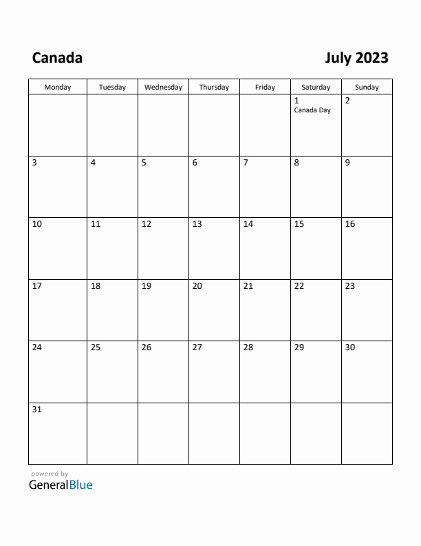 July 2023 Calendar with Canada Holidays