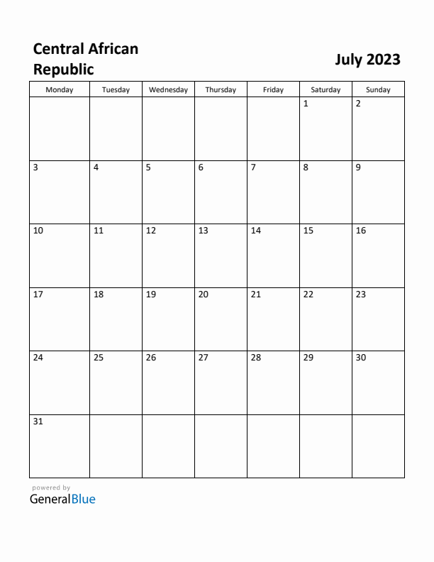 July 2023 Calendar with Central African Republic Holidays