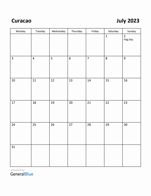 July 2023 Calendar with Curacao Holidays