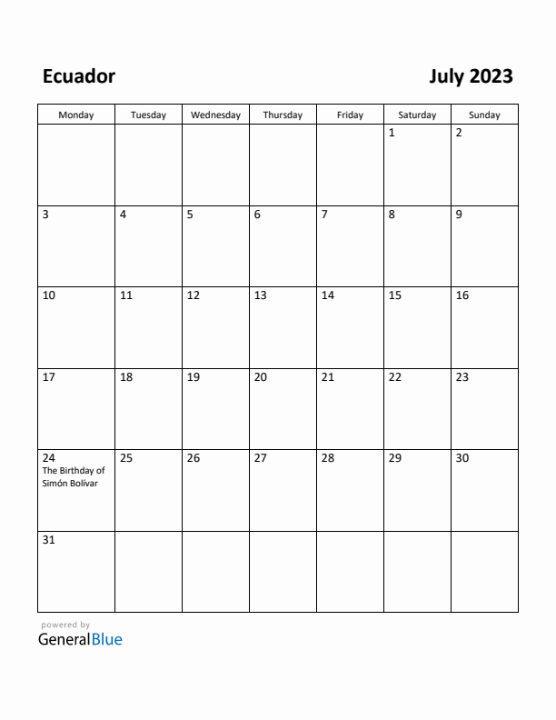 July 2023 Calendar with Ecuador Holidays