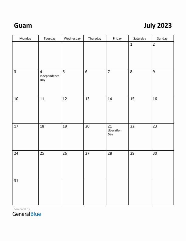 July 2023 Calendar with Guam Holidays