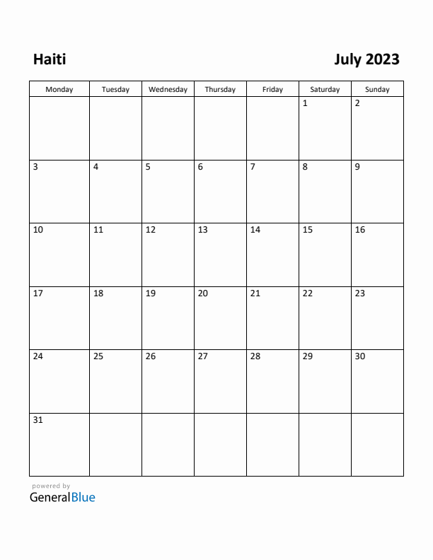 July 2023 Calendar with Haiti Holidays